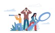 © YummyBuum - Search goal. Right idea and decisions quest, different point of view, business team strategy vision, people watching binocular, magnifier and spyglass. Flat cartoon isolated vector concept