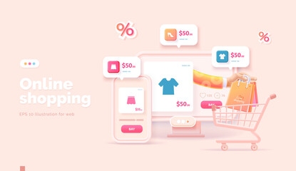 Online shopping on the website and mobile app. Conceptual illustration with online store interface, bank card, shopping bag, basket and actions with them. Web banner 3d style.