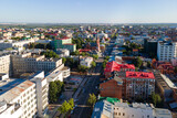 Fototapeta Miasto - Aerial view of Samara city with Volga river in the sunset, urban cityscape