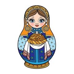 Wall Mural - Russian traditional nest doll Matrioshka with loaf with salt blue and orange color variation for coloring page isolated on white background