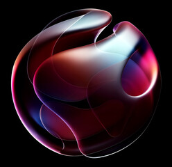 Wall Mural - 3d render of abstract art of surreal alien ball flower in spherical round wavy spiral smooth soft biological lines forms in transparent plastic in orange and purple gradient color on black background