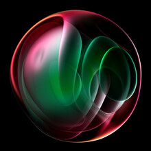 3d Render Of Abstract Art Of Surreal Alien Ball Flower In Spherical Round Wavy Spiral Smooth Soft Biological Lines Forms In Transparent Plastic In Green And Purple Gradient Color On Black Background