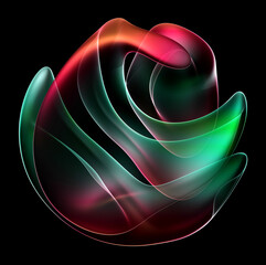 Wall Mural - 3d render of abstract art of surreal alien ball flower in spherical round wavy spiral smooth soft biological lines forms in transparent plastic in green and purple gradient color on black background