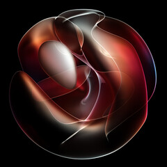 Wall Mural - 3d render of abstract art of surreal alien ball flower in spherical round wavy spiral smooth soft biological lines forms in transparent plastic material in brown red gradient color on black background