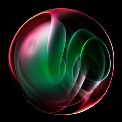 Wall Mural - 3d render of abstract art of surreal alien ball flower in spherical round wavy spiral smooth soft biological lines forms in transparent plastic in green and purple gradient color on black background