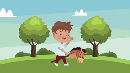 Canvas Print - little boy playing with horse in the camp animation