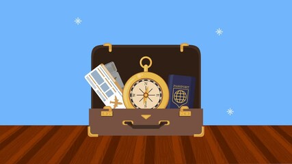 Poster - time travel animation with accessories in suitcase