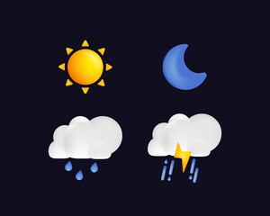 set of weather vector icons. rain drops, sun with clouds, lightning and thunder and crescent moon.