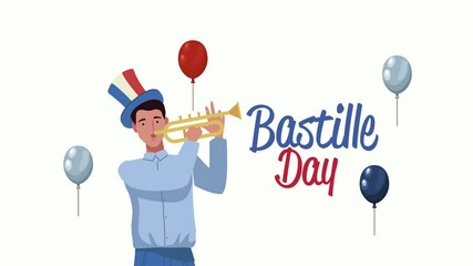 Poster - happy bastille day lettering with man french playing trumpet