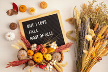 Flat Lay With Felt Letter Board And Text But I Love Fall Most Of All. Autumn Table Decoration.  Floral Interior Decor For Fall Holidays With Handmade Pumpkins. Flatlay, Top View