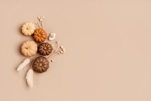 Composition Of Handmade Plaster Pumpkins. Autumn Seasonal Holidays Background In Natural Colors. DIY Craft Gypsum Pumpkins For Helloween, Thanksgiving, Fall Decoration