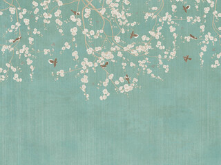 vintage photo wallpaper with branches and birds on green background. design for wallpaper, photo wal