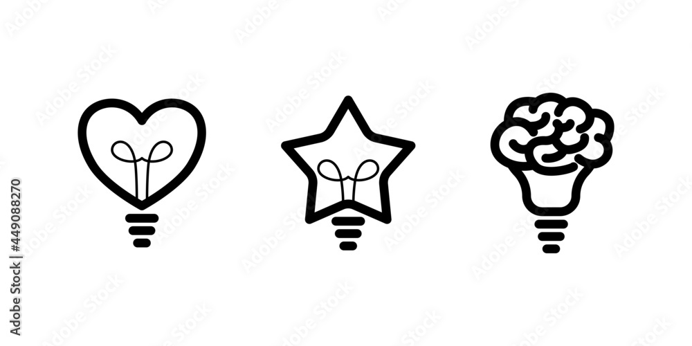 Żarówka - zestaw trzech ikon do projektów - serce, gwiazda i mózg. Symbol pomysłu, rozwiązania, myślenia, wiedzy, nauki. Czarne kontury. Ilustracja wektorowa - obrazy, fototapety, plakaty 