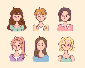 A collection of female characters upper body with various hairstyles. flat design style minimal vector illustration.