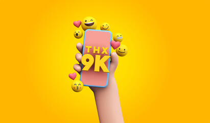 Sticker - Thanks 9k social media supporters. cartoon hand and smartphone. 3D Render.