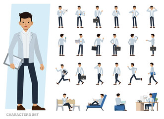 Set of Asian businessman character vector design. Presentation in various action with emotions, running, standing and walking. People working in office planning, thinking and economic analysis.