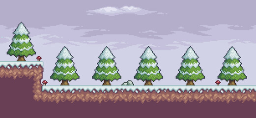 Wall Mural - Pixel art game scene in snow with pine trees, clouds, 8 bit background
