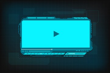 Poster - HUD video player futuristic screen interface. Vector digital Ui, ux hi-tech skin, web design for online movie content playing. Ski-fi template with play button, menu bar and slider on neon background