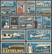 Airline and airport services, air travel retro banners. Flight, pilot and stewardess school, airport baggage check, passport control and ground handling services, taxi and tickets order vector posters