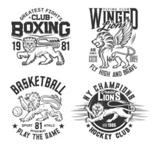 Lion Animal T Shirt Prints For Basketball, Ice Hockey And Boxing Sport Club Vector Emblems. Heraldic Lion With Wings And Claws, Roaring, Varsity Basketball Team League And Aviation Pilot Club T-shirt