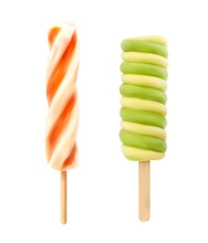 Realistic caramel ice cream on stick. Frozen orange, kiwi or mango juice, 3d realistic vector spiral popsicle ice cream or twisted lolly pop candy. Summer cold dessert with fruit juice