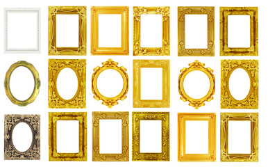 The antique gold frame isolated on the white background.