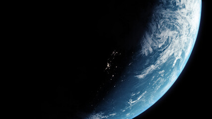 Poster - A cinematic rendering of planet Earth during sunrise as view from space with vibrant blue atmosphere and cloudy sky showing continents below