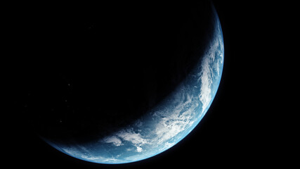 Poster - A cinematic rendering of planet Earth during sunrise as view from space with vibrant blue atmosphere and cloudy sky showing continents below