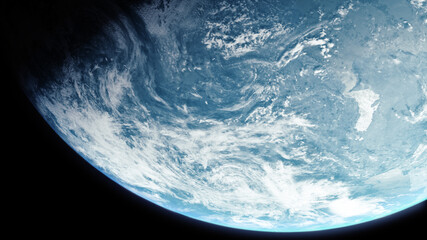 Poster - A cinematic rendering of planet Earth during sunrise as view from space with vibrant blue atmosphere and cloudy sky showing continents below