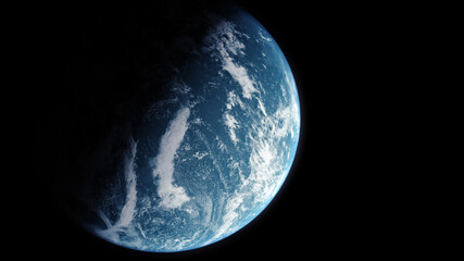 Poster - A cinematic rendering of planet Earth during sunrise as view from space with vibrant blue atmosphere and cloudy sky showing continents below