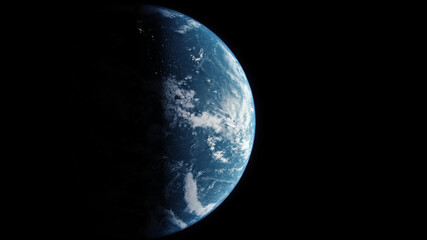 Poster - A cinematic rendering of planet Earth during sunrise as view from space with vibrant blue atmosphere and cloudy sky showing continents below