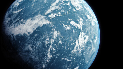 Poster - A cinematic rendering of planet Earth during sunrise as view from space with vibrant blue atmosphere and cloudy sky showing continents below