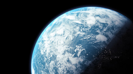 Poster - A cinematic rendering of planet Earth during sunrise as view from space with vibrant blue atmosphere and cloudy sky showing continents below