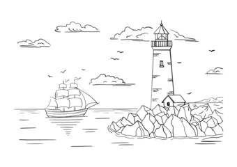 Wall Mural - Coloring book. A lighthouse on a rocky shore and a ship on the horizon. Hand drawn sketch. Vintage style. Black and white vector illustration isolated on white background.