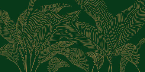 Luxury nature gold leaves line art  background vector. Floral pattern, Golden tropical plant hand drown line art. Natural green and dark wallpaper. Vector illustration.