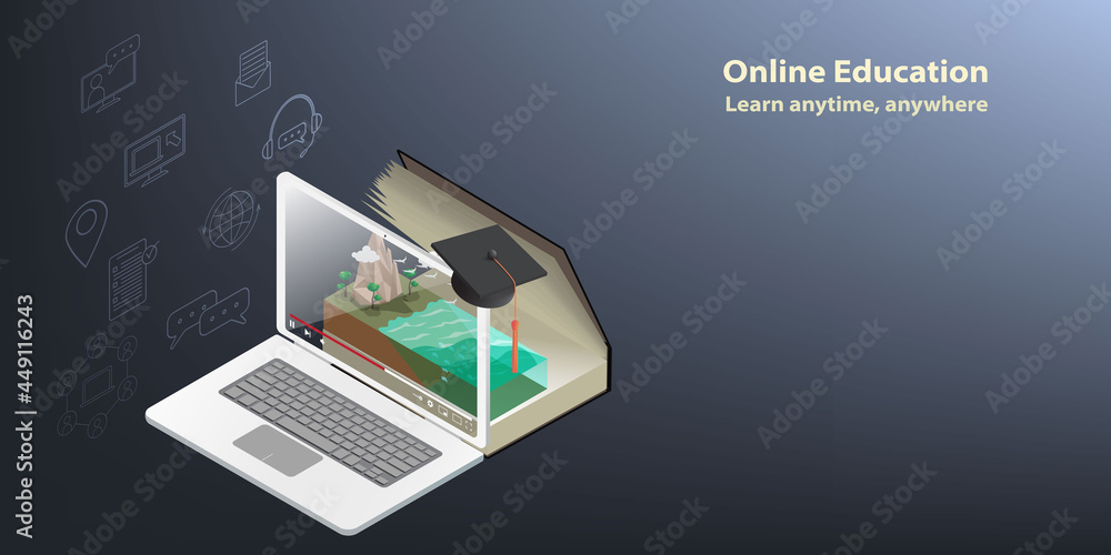 Isometric vector online education Presented by laptop is displaying ...