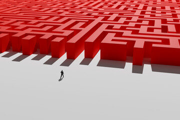The concept of finding the right solution, the path to business success, guessing the right answer. Person or organization begins its journey through the complex maze. 3d rendering