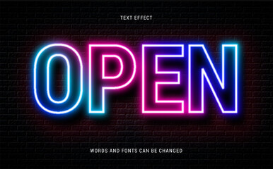 Wall Mural - open neon glowing text effect isolated on brick background. editable eps cc