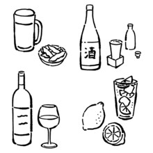 墨絵風のお酒とおつまみのセット、ビールと日本酒、ワイン、レモンサワー