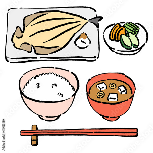 墨絵風の焼魚と漬物と味噌汁とごはんの食事のベクターイラスト Wall Mural Tunaco