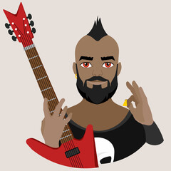 Fototapete - An avatar of a man with an eroquois on his head and a black beard with an electric guitar in one hand and a pick in the other. Guitar player. Rock music. Flat vector illustration.