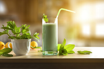 Sticker - Milk with mint on wooden bench in rustick kitchen front