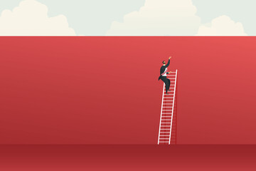 Wall Mural - Businessman cannot climb a ladder over a wall for career growth.