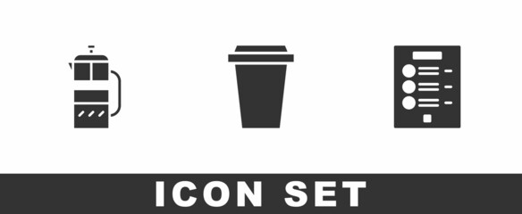 Canvas Print - Set French press, Coffee cup to go and menu icon. Vector