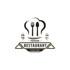 Wall Mural - Vintage Hipster Retro Logo Style for Restaurant Logo Design. With gold chef head cap, spoon, and fork icon. Premium and Luxury logo