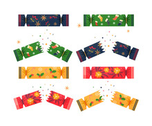 Set With Colorful Christmas Crackers On White Background. Concept Of Festive Crackers Full Of Colorful Confetti. Christmas Template For Creative Use. Flat Cartoon Vector Illustration
