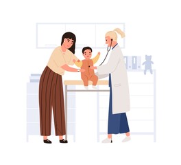 Wall Mural - Doctor examining and listening child with stethoscope. Mother with baby at medical appointment at pediatrician office in hospital. Flat vector illustration of kid checkup isolated on white background