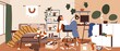 Lazy woman in messy and dirty room. Sluggish person with mess, litter and scattered stuff around. Disorder, clutter and chaos at home. Apathy concept. Flat vector illustration of untidy apartment