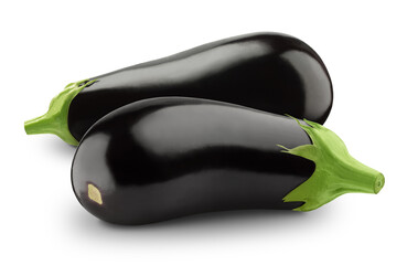 Wall Mural - Two whole eggplants or aubergine isolated on a white background.