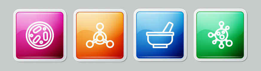 Set line Petri dish with bacteria, Molecule, Mortar and pestle and . Colorful square button. Vector